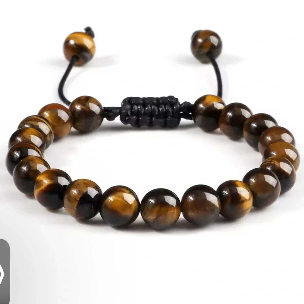 8mm Tiger Eye Stone Beads Bracelet Adjustable Braided Rope Bangles For M…